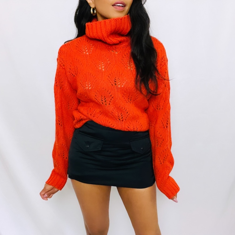 Vintage | Orange Pointelle Drop Shoulder Balloon Sleeve Turtleneck Sweater